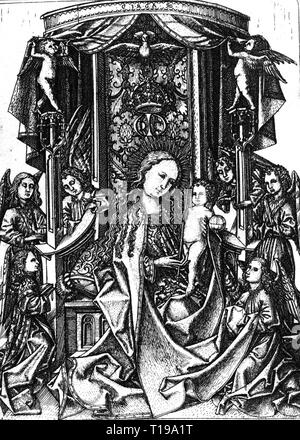 Religion, Christentum, Madonna/Maria mit dem Kind, Madonna auf dem Thron, Kupferstich, der Meister E.S. (Ca. 1420 - ca. 1468), aus dem 15. Jahrhundert, Royal Gallery der Ausdrucke, Berlin, Artist's Urheberrecht nicht gelöscht werden Stockfoto