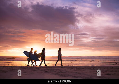 Silhouette von einer Gruppe von Freunden zu Fuß am Strand und in der Dämmerung. Freunde im Urlaub Wandern am Strand bei Sonnenuntergang die Surfboards. Stockfoto