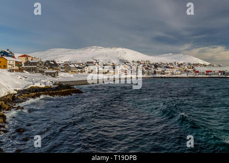 Der Hafen von Honningsvag in Norwegen im Winter. Stockfoto