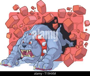 Vektor cartoon clip art Illustration eines großen wütend haltbare bulldog Maskottchen mit einem Stachelhalsband krachend durch eine Mauer aus Stein. Stock Vektor