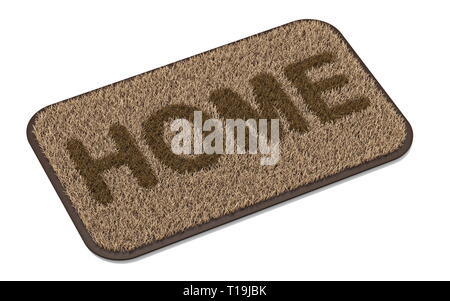 Braun Kokos Fußmatte mit Text HOME 3D Rendering Illustration auf weißem Hintergrund Stockfoto