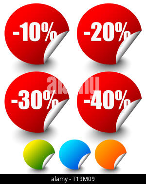 Eps 10 Vector Abbildung: Rabatt Aufkleber, Etiketten mit Minus 10 bis 40 Prozent Stockfoto