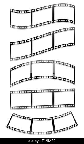 Filmstreifen, isoliert auf weiss Filmframes mit unterschiedlichen Verzerrungen (Lichtbögen, winken). Stockfoto