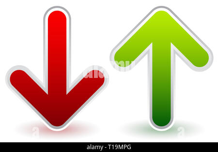 Eps 10 Vector Illustration von Rot, Grün und es nach oben und unten zeigenden Pfeile. Wachstum, Rückgang, Heben, Senken. Stockfoto