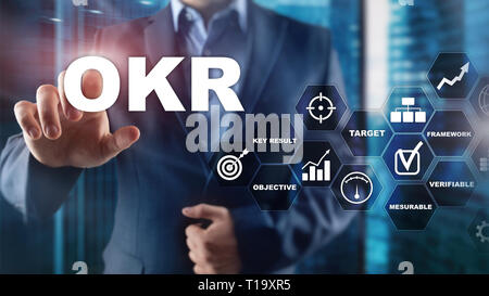 OKR - Ziel zentrales Ergebnis Konzept. Mischtechnik auf einer virtuellen strukturierten Bildschirm. Projekt Management Stockfoto