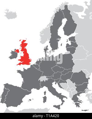 Vector Graphic Karte von Europa mit Mitgliedstaaten der Europäischen Union mit dem Vereinigten Königreich in rot markiert Stock Vektor