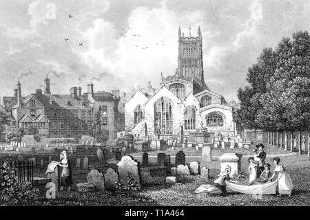 Ein Kupferstich von Cirencester Kirche, Gloucestershire, UK gescannt und in hoher Auflösung aus einem Buch 1825 veröffentlicht. Glaubten copyright frei. Stockfoto