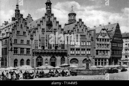 Geographie/Reisen historische, Deutschland, Städte und Gemeinden, Frankfurt am Main, Roemerberg (Roman Berg), Haus zum Goldenen Schwan, Haus zum Römer, Rathaus, Haus Frauenstein und Salzhaus, Außenansicht, Postkarte, 1932 laufen, Additional-Rights - Clearance-Info - Not-Available Stockfoto