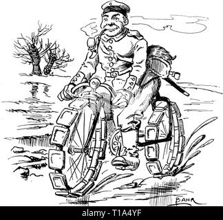 Ersten Weltkrieg/WWI, Militär, Soldaten, Dispatcher, Karikatur, 'Nach bekannten Muster: Wie der Versand rider Strampfer kennt sich auf dem bodenlosen Landstraßen von Polen" zu helfen, Zeichnung von Bahr, Lustige Blaetter, Berlin, 22.2.1915, Additional-Rights - Clearance-Info - Not-Available Stockfoto