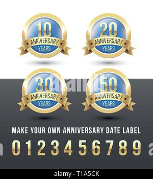 Die Farben Gold und Blau Jahrestag Labels mit Band Banner. Runde Vector Icons einstellen. Stock Vektor