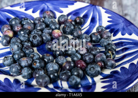 Frische Blaubeeren auf einem blauen gemusterten Platte. Stockfoto