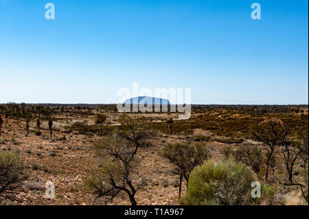 Uluru in der Ferne auf den Kata Tjuta Straße, Lasseter Highway, Northern Territory, Australien Stockfoto