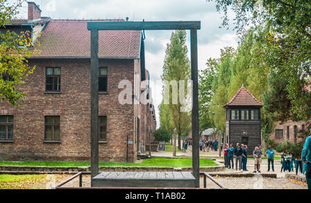 Oswiencim, Polen - 21. September 2019: Ausführung Plattform, wo 1947 Rudolf Hoss, der Kommandant des Konzentrationslagers von Auschwitz gehängt wurde Stockfoto