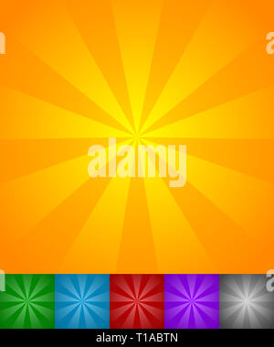 Strahlende Sonne Linien, Sterne platzen Hintergründe. Satz von 6 Farben, gelb-Orange, grüne, blaue, rote, violette und schwarze Hintergründe. Stockfoto