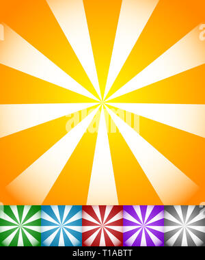Strahlende Sonne Linien, Sterne platzen Hintergründe. Satz von 6 Farben, gelb-Orange, grüne, blaue, rote, violette und schwarze Hintergründe. Stockfoto