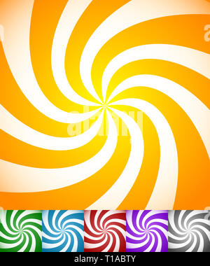 Bunten Hintergrund mit wirbelnden eingestellt, Drehen, twirling Streifen, Linien. Helles orange, grün, blau, rot, violett Farben und Graustufen Version. Stockfoto