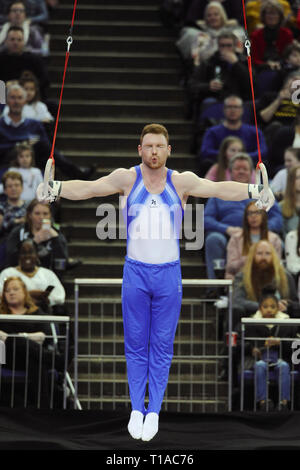 Danny Purvis (GBR, Commonwealth Games gold Medallist) in den Ringen Abschnitt des Superstars konkurrierenden der Gymnastik Wettbewerb in der O2 Arena, London, UK. Superstars von Gymnastik präsentiert einige der weltweit besten Turnerinnen und Turner über zwei Sitzungen an der O2, London UK. Die Männer kämpfen über sechs Disziplinen (Reck, Barren, Boden, Ringe, Vault, Knauf). Athleten haben die Freiheit zu entwickeln, Ihre eigenen Routinen und Richter durchführen und wird von zehn auf Flair, kreativen Choreographie, die Durchführung und die Auseinandersetzung mit dem Leben drängen. Stockfoto