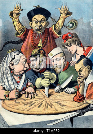 China - der Kuchen der Könige und Kaiser ..." (eine französische Wortspiel auf König Kuchen und Könige und Kaiser, die 'Konsum' China). Französische politische Karikatur aus dem Jahr 1898. Ein Gebäck, stellt "Chine" (französisch für China) und wird zwischen Karikaturen von Königin Victoria von Großbritannien, William II von Deutschland (Wer ist Streit mit Königin Victoria über ein Grenzgebiet Stück, während er ein Messer in der pie aggressiven deutschen Absichten zu bedeuten), Nikolaus II. von Rußland, das Eyeing ein bestimmtes Stück, die französische Marianne (wer als nicht an der Carving T ist diplomatisch gezeigt aufgeteilt Stockfoto