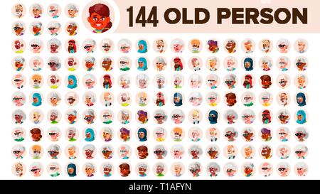 Alte Menschen Avatar Set Vektor. Multi Rasse. Gesicht Emotionen. Multinationale Benutzer Person Porträt. Senioren Männlich, Weiblich. Ethnische. Symbol. Asiatische, Afrikanische Stock Vektor