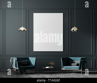 Mock up Poster Frames im skandinavischen Stil Interieur mit arcmhair. Minimalistische Inneneinrichtung. 3D-Darstellung. Stockfoto