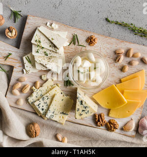 Sortiment von Käse mit Muttern an Bord Stockfoto