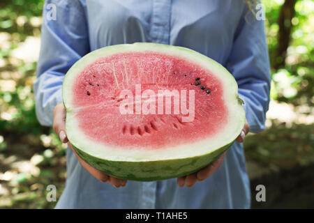 Sommer. Frische reife die Hälfte der Wassermelone in der Hand Stockfoto