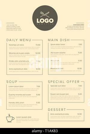 Moderne dunkle minimalistisches Restaurant Menü Vorlage mit zwei Spalten design A4 Layout und Typografie Stock Vektor