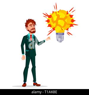 Angst traurig Manager in der Nähe eines grossen Explodierende gelbe Glühbirne Vektor Flachbild Cartoon Illustration Stock Vektor