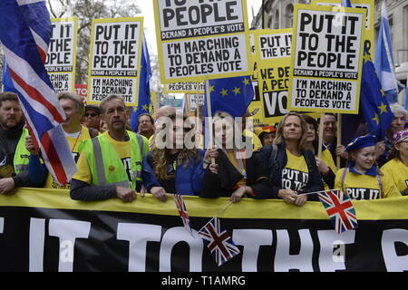 London, Greater London, UK. 23 Mär, 2019. Die demonstranten gesehen halten mehrere Plakate und Banner während der Demonstration. Über eine Million Menschen in ruhiger Lage im Zentrum von London für eine zweite Volksabstimmung marschierten. Die Menschen versammelten sich in der Park Lane am Parliament Square zu Kundgebung gegen die Tory-regierung Brexit Verhandlungen zu demonstrieren, und eine zweite Abstimmung über die endgültige Brexit Angebot zu verlangen. März wurde von den Völkern Abstimmung organisiert. Quelle: Andres Pantoja/SOPA Images/ZUMA Draht/Alamy leben Nachrichten Stockfoto