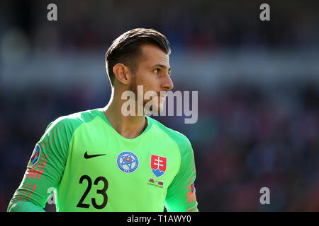 Cardiff, Großbritannien. 24 Mär, 2019. Slowakei Torwart Martin Dubravka. UEFA Euro 2020 Qualifier match, Gruppe E, Wales v Slowakei in Cardiff City Stadium in Cardiff, South Wales am Sonntag, den 24. März 2019. pic von Andrew Obstgarten/Andrew Orchard sport Fotografie/Alamy live Nachrichten Leitartikel nur mit der Credit: Andrew Orchard sport Fotografie/Alamy leben Nachrichten Stockfoto