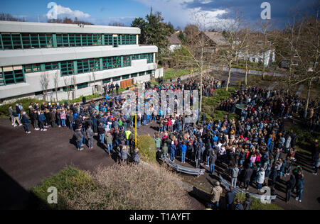 Haltern am See, Deutschland. 25 Mär, 2019. Schüler und Lehrer stehen in Erinnerung an den 4. Jahrestag der Germanwings Crash in den Französischen Alpen auf dem Schulhof der Joseph König Gymnasium. Nach Angaben der Ermittlungsbehörden, die co-pilot absichtlich zum Absturz des Airbus A320 von Barcelona nach Düsseldorf im Süden von Frankreich am 24. März 2015. Alle 150 Menschen an Bord ums Leben gekommen. Unter ihnen waren 16 Schüler und 2 Lehrer aus Haltern am See. Alle Schüler und Lehrer sowie dem Bürgermeister und den Vertretern der Kirche nehmen Teil an der Gedenkfeier auf dem Schulhof. Pho Credit: dpa p Stockfoto