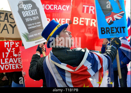 London, Großbritannien. 25. Mär 2019. Pro- und Anti-Brexit Demonstranten protestieren außerhalb des Parlaments und den Abgeordneten kommen zu College Green wie das House of Commons Debatten Brexit interviewt zu werden. Steve Bray von sodem (anti-Brexit) Gesichter pro-Demonstranten Credit: PjrFoto/Alamy leben Nachrichten Stockfoto