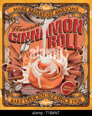 Lecker 3D-Illustration Zimtschnecken auf retro Holzschnitt Hintergrund Stock Vektor