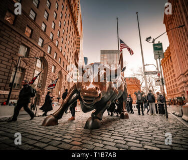 Charging Bull, ist eine Bronzeplastik, die in Bowling Green, New York City steht. Stockfoto