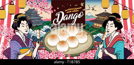 Japanische mitarashi Dango ads mit zwei Geisha essen Desserts in der Ukiyo-e Stil Stock Vektor