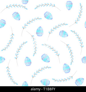 Nahtlose Muster mit Ei und blaue Blätter, Ostern Urlaub Stockfoto