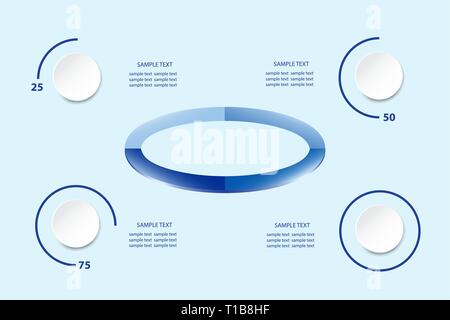 Infografik als Ellipse in blauen Farben in der Mitte der Vektor- und Kreise zeigen, Viertel, Halb, Dreiviertel und vollständige Ergebnis der Performa Stock Vektor