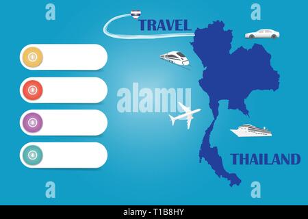 Reisen Thailand Vorlage Vektor für Reisebüros etc. Vector mit dem Flugzeug, Auto, Bahn und Schiff nähert sich der blinde Karte von Thailand. Vier bla Stock Vektor