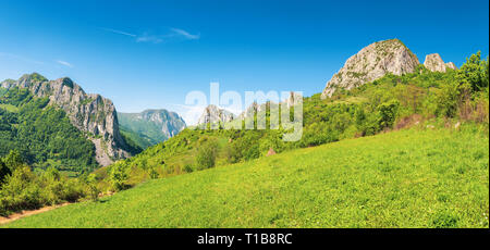 Panorama von Rumänien Landschaft. Wunderbar sonnigen Tag in den Bergen. gras wiese am Hang und Canyon mit hängenden Felsen im Dista Stockfoto