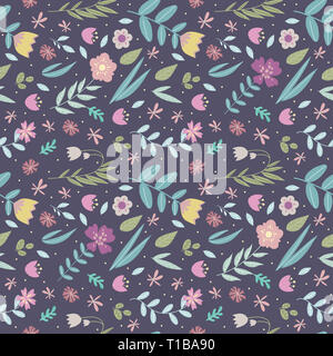 Retro Style nahtlose floral pettern mit farbenfrohen cartoon Blume und Blatt Zeichnungen auf dunklem lila Hintergrund Stockfoto