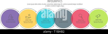 Moderne Vector Illustration. Infografik Kreise Vorlage mit sechs Elementen, Branchen, Symbole. Für Business, Präsentationen, Web Design Stock Vektor