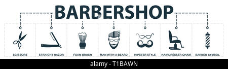 Barbershop eingestellt icons Collection. Enthält einfache Elemente wie Scheren, Rasiermesser, Schaum Pinsel, Friseur Stuhl, hipster Stil, ein Symbol der Stockfoto