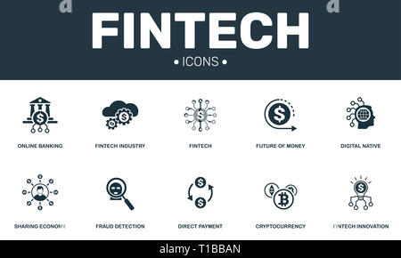 Fintech eingestellt icons Collection. Enthält einfache Elemente wie die Zukunft des Geldes, der Digital Native, Cryptocurrency und direkte Bezahlung premium Symbole. Stockfoto