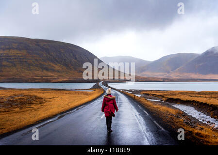 Reisende am malerischen Isländische Straße in Snaefellsnes Halbinsel von Island Stockfoto