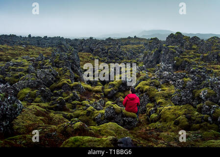 Man genießt Lavafeld Landschaft in Island Stockfoto