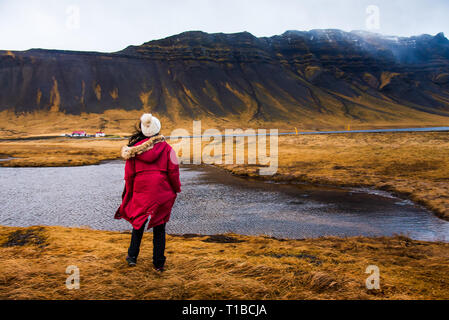 Frau den herrlichen isländische Landschaft auf Island reise Stockfoto