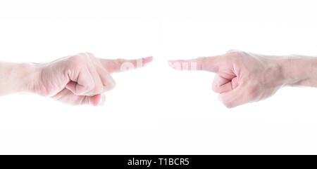 Rechte Hand, Zeigefinger gegen zu einer gegenüberliegenden Seite auf weißem Hintergrund, Wut mann Geste auf angespannte Faust in der wütenden Emotionen hingewiesen Stockfoto