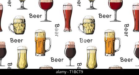 Nahtlose Muster mit unterschiedlichen Gläsern mit Bier, verschiedene Becher Bier. Vector Illustration einer Skizze Stil. Stock Vektor