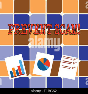Schreiben Hinweis anzeigen verhindern Scam. Business Konzept für Verbraucherschutz betrügerische Transaktionen Präsentation von Bar-, Daten- und Kreisdiagramm Grafik auf W Stockfoto