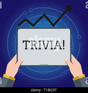 Schreiben Hinweis Übersicht Trivia. Business Konzept für Stücke von unbedeutenden Info von etwas, das jemand irgendwo Hand, die Tablette unter dem Progressiv Stockfoto